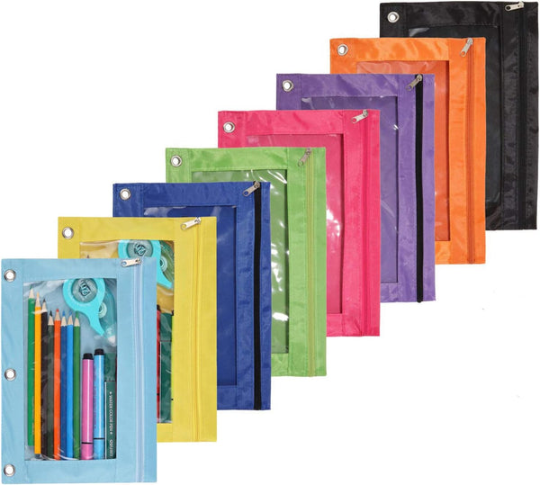 Zippered Binder Fabric Pencil Pouch, 3 Rings with Clear Window, 8 pack, Multicolor