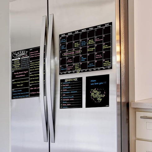 Magnetic Chalkboard Monthly Calendar, Weekly Planner Blackboard Combo Set with Neon Liquid Chalk Markers, Bonus Grocery
