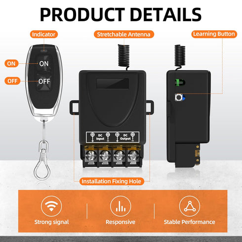 8V/12V/24V/48V/72V/86V 30A 328ft RVBOATPAT Wireless Remote Switch DC Relay RF Remote Control Long Range for Anti-Theft