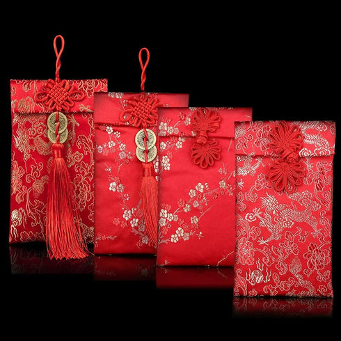 Hying 4 PCS Silk Red Envelope Chinese HongBao Card Envelopes, Lucky Money Red Pockets for 2023 New Year, Wedding