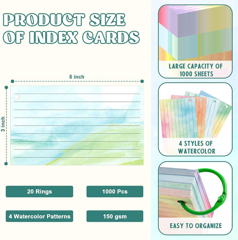 DOSTATNI 1000 3x5 PCS Colored Index Cards with Hole Lined Flash Cards with Binder Rings Watercolor Notecards with Rings