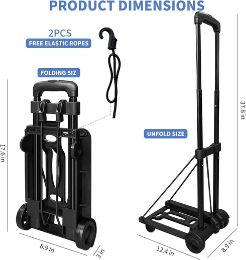 VDHU 2 40kg/90lbs 2 Folding Hand Truck Lightweight Portable Cart, Wheels Fold Up Hand Cart with Elastic Ropes,Compact
