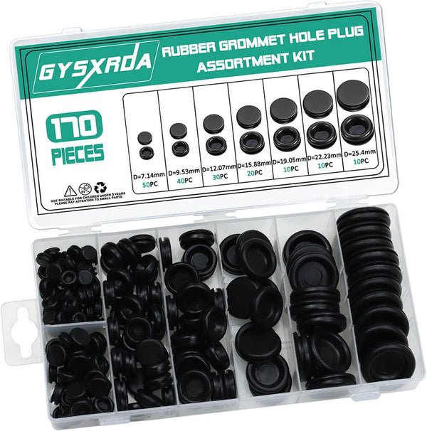 Rubber Grommet Kit 170 Pack - Black Firewall Assortment, 7 Sizes for Electrical, Plumbing, Automotive, Home Improvement