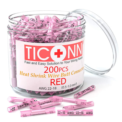 TICONN Red 200PCS Heat Shrink Butt Wire Connector Kit, Insulated Waterproof Electrical Marine Automotive Crimp Terminals