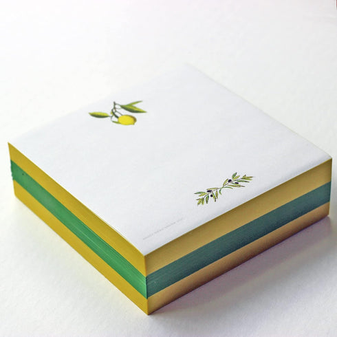 Lemon & Olive Branch Sticky Note Cube, 3 3/8" x 3 3/8" x 1" (86mm x 86mm x 25mm)