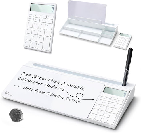 TOWON Desktop Glass Whiteboard with Basic Calculator, 12 Digit LCD Display, Desk Organizers, White, 18'' x 6''