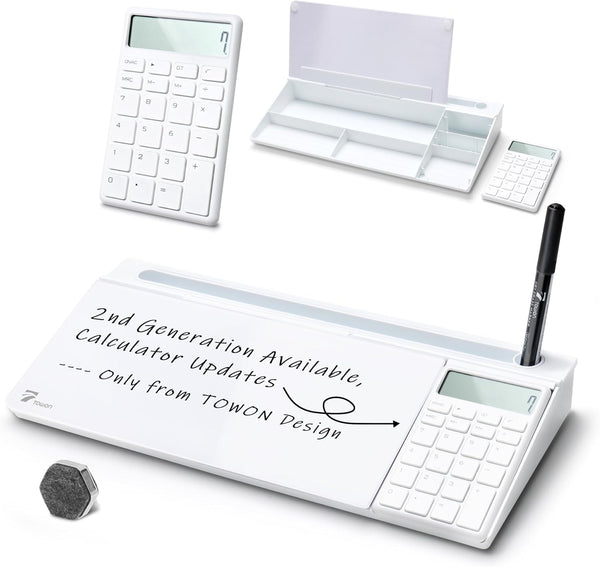 TOWON Desktop Glass Whiteboard with Basic Calculator, 12 Digit LCD Display, Desk Organizers, White, 18'' x 6''