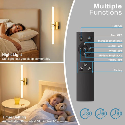 1Pack, Dimmable 22 Inch 3000K-6000K Battery Operated Wall Sconce Gold Rechargeable Wall Lights with Remote Control, LED