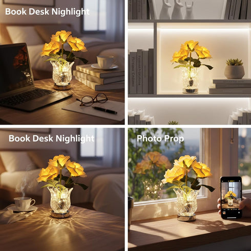 3 Dimmable, Rechargeable LED Color Changing Flower Light, Battery/Plug-In Artificial Rose Lamp, Romantic Pink Rose