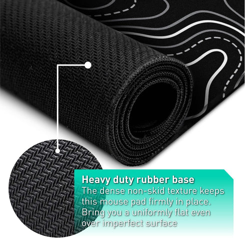 Minimalist Topographic Map Mouse Pad, Extended Large Black & White Non-Slip XXL Gaming Desk Mat with Stitch Edge