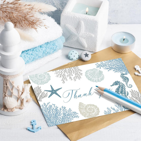 50 Summer 4 6 Inch Whaline Pcs Ocean Sea Thank You Cards Blue Coral Seashell Greeting Card with Envelope Sticker Blank