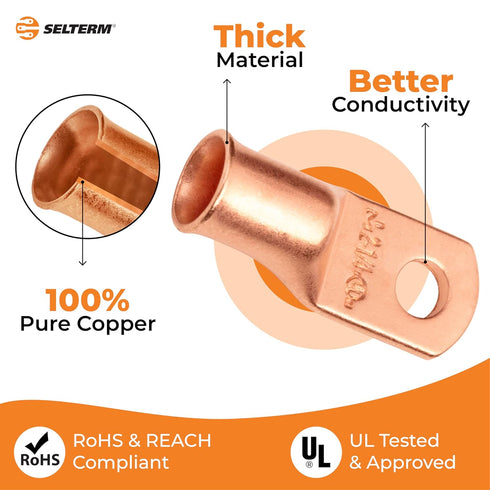 SELTERM 25pcs 2 AWG 1/4" Stud Battery Lugs - Heavy Duty Copper Wire Lugs, Battery Cable Ends, UL Bare Copper Eyelets