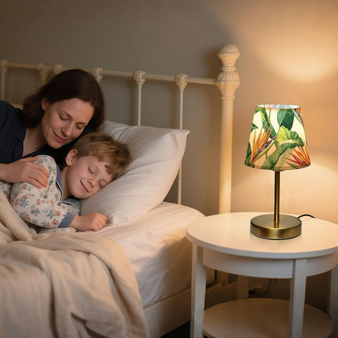 Dimmable ALAZA Table Lamp for Bedroom Nightstand Tropical Palm Leaf Flower Bedside Lamp with USB Port Fabric Shade Desk