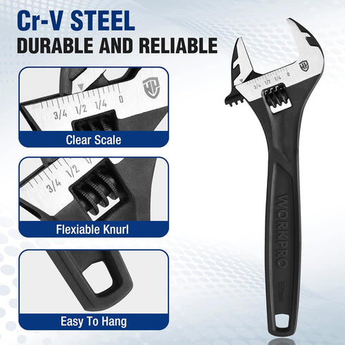 WORKPRO 6" Adjustable Wrench - Black Oxide Wrench with Inch/Metric Scale, Premium Cr-V Steel