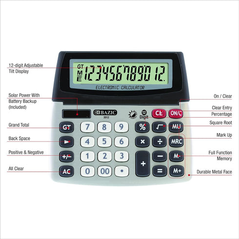 BAZIC 12-Digit Dual Power Desktop Calculator with Adjustable Display, Solar & Battery, LCD Display, 1-Pack