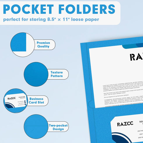 RAZCC Two Pocket Folders, 50 Pack, Fit Letter Size Paper, Pockets for School Office Business Home, Blue