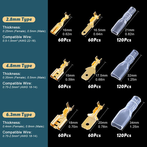 Glarks 720Pcs 2.8mm 4.8mm 6.3mm Male and Female Wire Spade Connector and Insulating Sleeve Assortment Kit Copper Wire Crimp Terminal Block with Nylon Sleeve Set for Car Audio Speaker
