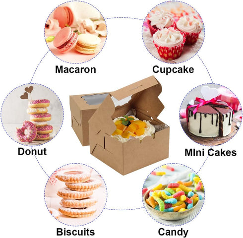 OAMCEG 100 PCS Individual Cupcake Boxes with Window and Stickers, 4x4x3 Inch, Small Cake Boxes, Pastry Carrier