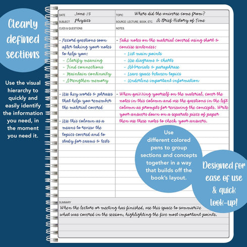 BookFactory Universal Note Taking System - Cornell Notes Notetaking Notebook, 120 Pages, 8.5" x 11" (LOG-120-7CW-A)