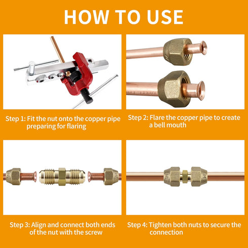 2 Packs AC Copper Pipe Extension Joint Connectors, 3/8-Inch Air Conditioning Pipe Coupling Adapters with Flare Nuts
