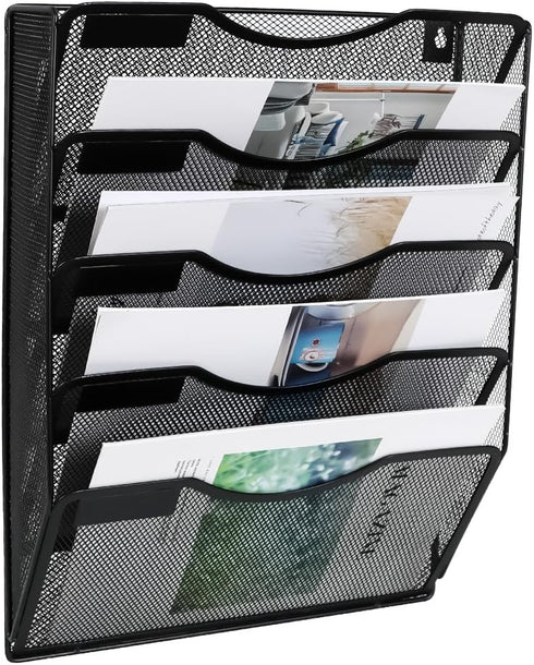 EasyPAG 5 Pocket Wall File Holder - Mesh Hanging Organizer for Mail Paper, Vertical File Folder Holder, Black