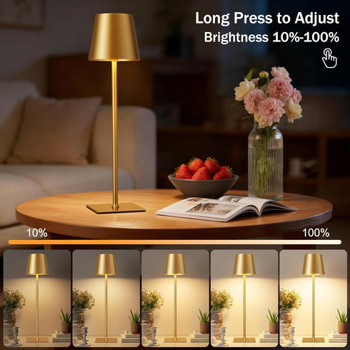 2 Pack 5000mAh Dimming, Gold Cordless Rechargeable Table Lamp, Portable Desk Lamp with Battery, Touch Control Stepless