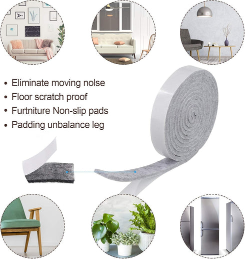 Zonon 4 Rolls 1/2 x 240 Inch Felt Strips with Adhesive Backing for Furniture Protection