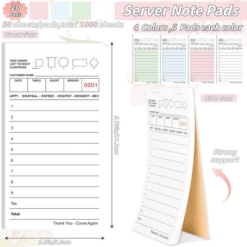 20 Pack 1000 4 Server Note Pads Bulk Guest Checks Books for Servers,Total Sheets Server Orders Paper Colors Food