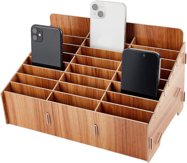 BENECREAT 24-Grid Wooden Cell Phone Storage Box, Mobile Phone Management Organizer for Office
