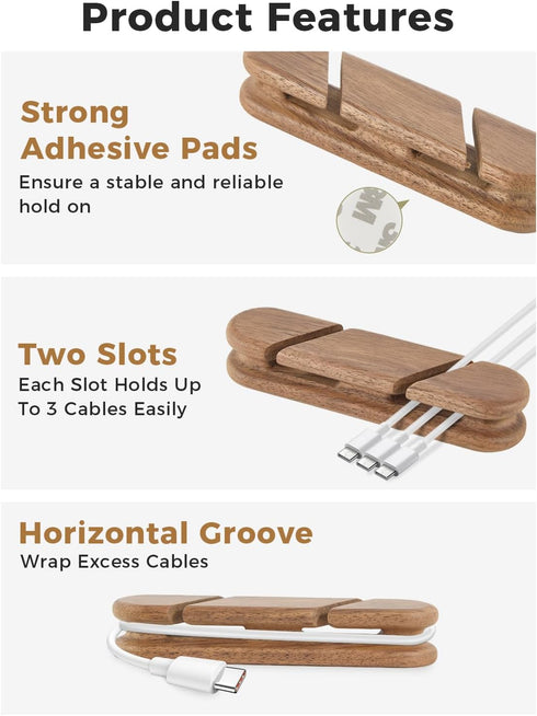 TFZUJDS Solid Walnut Cable Holder & Cord Organizer, Adhesive Cable Clips for Desk, Under Desk, Wall, Bedside & Car