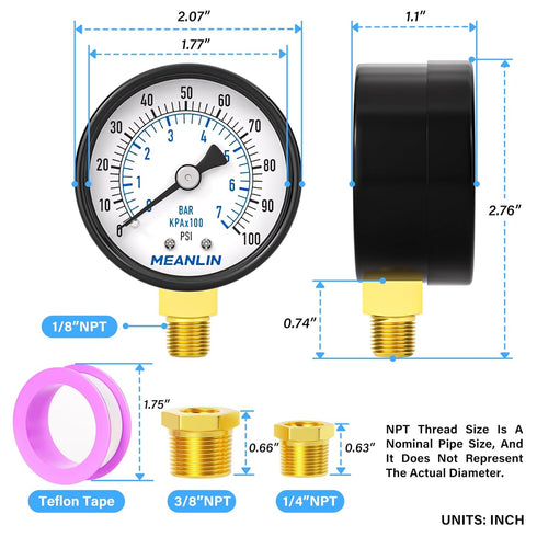 MEANLIN MEASURE 0-100Psi 2" DIAL FACE Well Pump Pressure Gauge, with 1/4" NPT and 3/8" NPT Hex Bushing