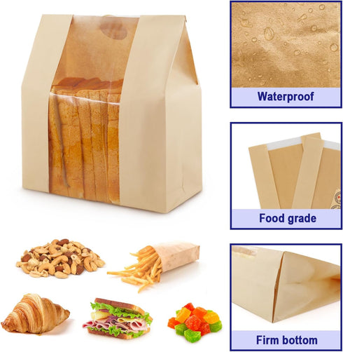 100 Packaging Pack 60, 12.5x8.3x4 Inches Pcs Paper Bread Bags for Homemade Bread, Paper Bakery Bag for Baked Food