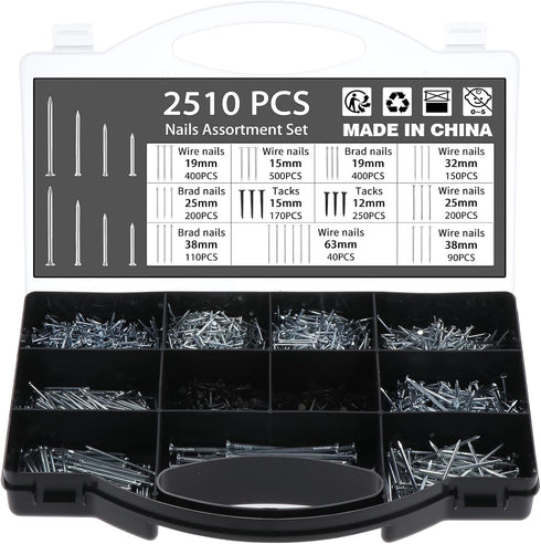 OCR 2510PCS Nails Assortment Kit, Galvanized Nails Set with Storage Case - Including