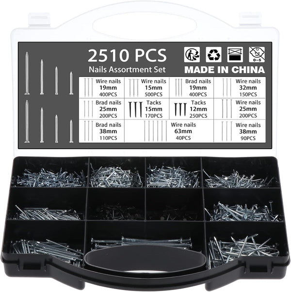 OCR 2510PCS Nails Assortment Kit, Galvanized Nails Set with Storage Case - Including