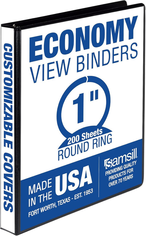 Samsill Economy 1 Inch 3 Ring Binder, Made in The USA, Round Ring Binder, Customizable Cover, Black