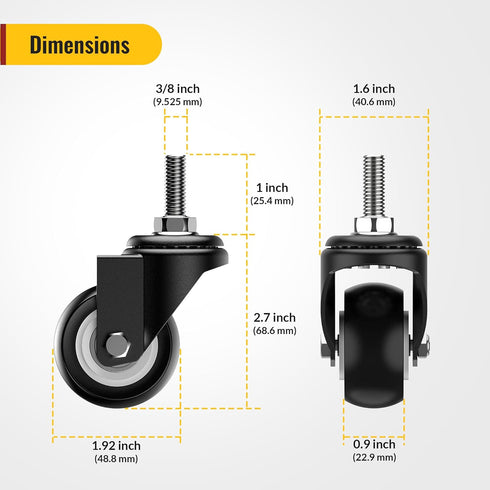 Caster Wheels 2 inch with No Brake Stem Casters, 3/8" -16 x 1" (Stem Diameter 3/8", Stem Length 1") Threaded Swivel Casters Set of 4 Heavy Duty Castors Black