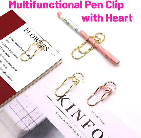 Pen Holder for Notebook, 20PCS Metal Pen Clips with Heart, Cute Journal Paperclips, Large Size Pencil Holder (Rose Gold)