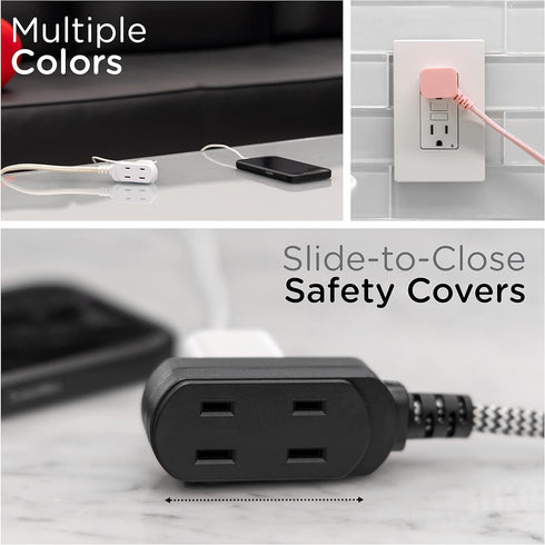 Cordinate Designer 3-Outlet Extension Cord, 8 Ft Cable with Flat Plug, Black/White