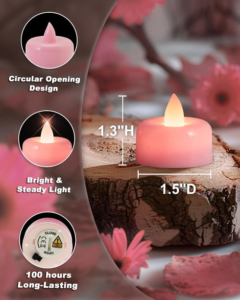 24 Pack Raycare Pink Battery Operated Tea Lights, Long Lasting Fake Candles, Flameless LED Tea Light, Colored Tealights