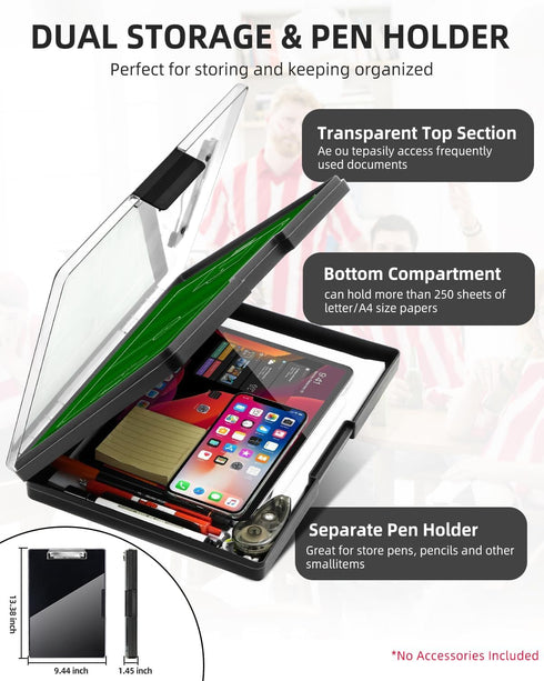 Clearview Clipboard with 2 Storage, Heavy Duty 8.5x11 Dry Erase ClipBoards with Pen Holder - Black