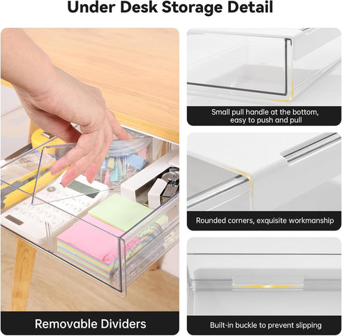 OTraki 3 Packs Under Desk Drawer Organizer, Clear Plastic Storage with Slide Out Drawer, Self-Adhesive