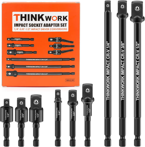 THINKWORK 9-Piece Impact Socket Adapter Set, 1/4" 3/8" 1/2" Drill Socket Adapter for Cordless Drill