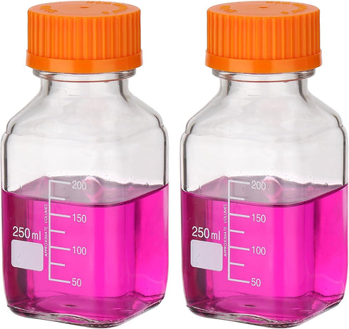 PATIKIL 2 Pack Reagent Media Storage Bottles, 250ml Borosilicate Glass Square Graduated Round Bottles, Clear