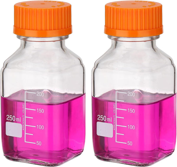 PATIKIL 2 Pack Reagent Media Storage Bottles, 250ml Borosilicate Glass Square Graduated Round Bottles, Clear