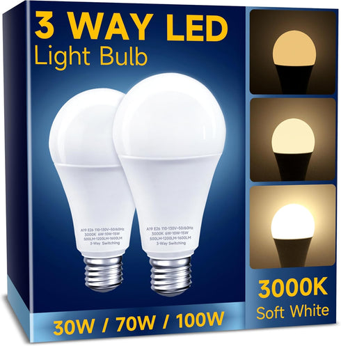 3 Way LED Light Bulbs, 30 70 100W Equivalent, Warm White 3000K, Dimmable A19, E26 Medium Base, 2 Pack