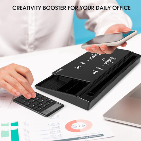 Varhomax Glass Desk Whiteboard - Black with Calculator, Desktop Dry Erase Board with Storage for Home and Office