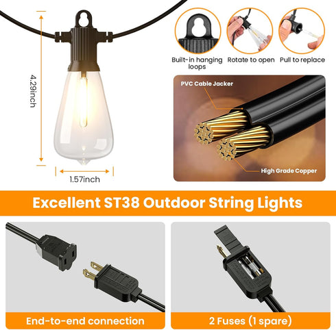 Lights50FT 27 Bulbs (2 Spare)ST38 Dimmable 2700K ZOTOYI Outdoor String Patio Lights with Vintage Edison Waterproof