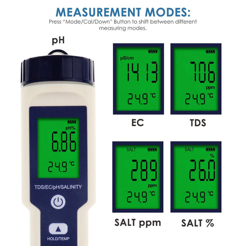Water Quality Meter - IP67 PH Salinity TDS EC Conductivity Tester Pen for Water Analysis