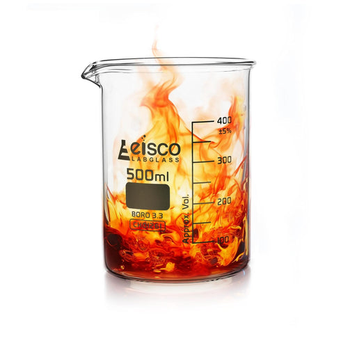 EISCO Low Form Beaker with Spout, 500ml - White, 50ml Graduations - Borosilicate 3.3 Glass