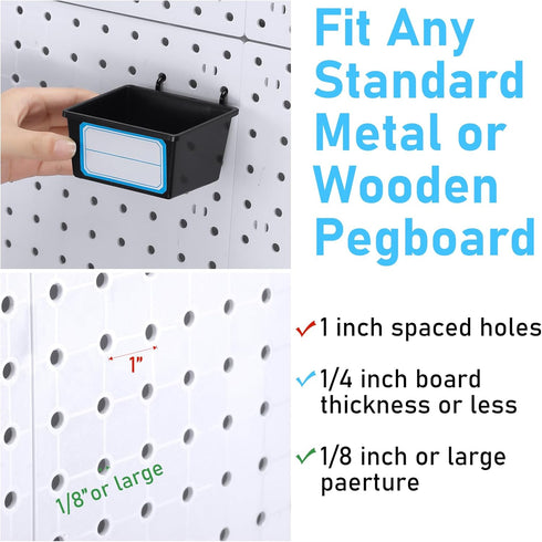 Uiifan 18 Set Pegboard Cups Kit, Plastic Bins with Hooks and Label Stickers for DIY Tools, Craft, Office Storage (White)